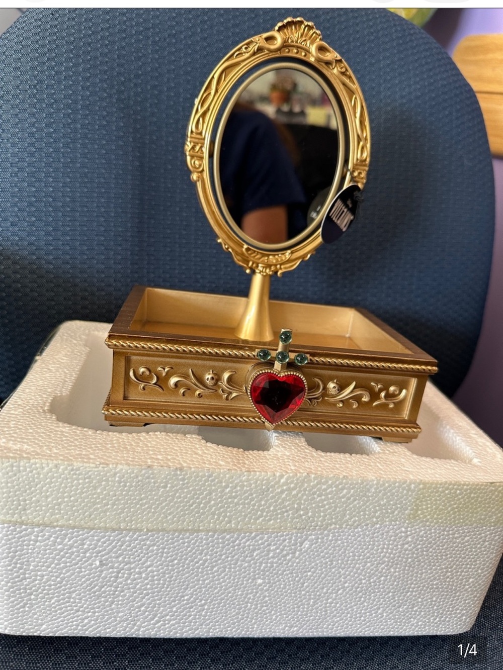 Disney Gold Heart Mirror Jewelry Trinket Box with Red Gem